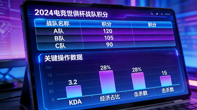 电竞世俱杯赛事数据可视化画面，屏幕上显示着战队积分与操作数据图表