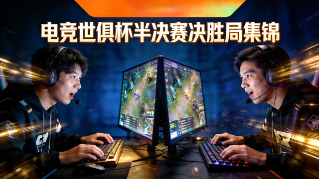 电竞世俱杯半决赛决胜局集锦封面，两名选手在屏幕前激烈对战的瞬间