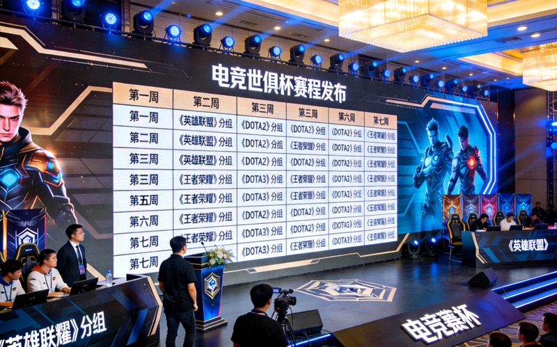 电竞世俱杯赛程发布现场，大屏幕上展示着七周赛程表与各项目对战分组