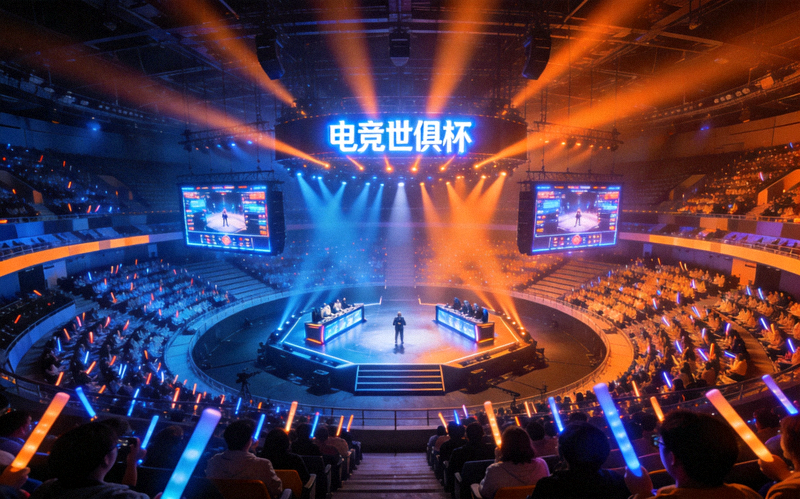 电竞世俱杯比赛场馆内部，橙蓝色灯光与观众席环绕中央对战舞台